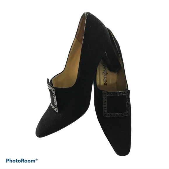 Yves Saint Laurent Vintage Buckle Shoes Black Suede Size 8.5 - Picture 1 of 8